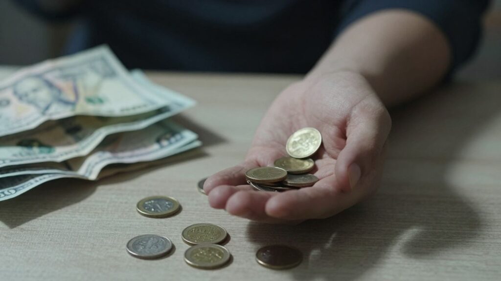 Hombre preocupado con dinero en mano.