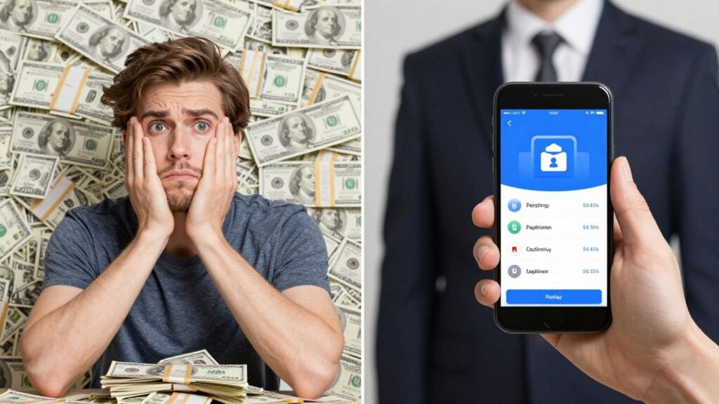 Persona confundida con dinero y persona exitosa con móvil.