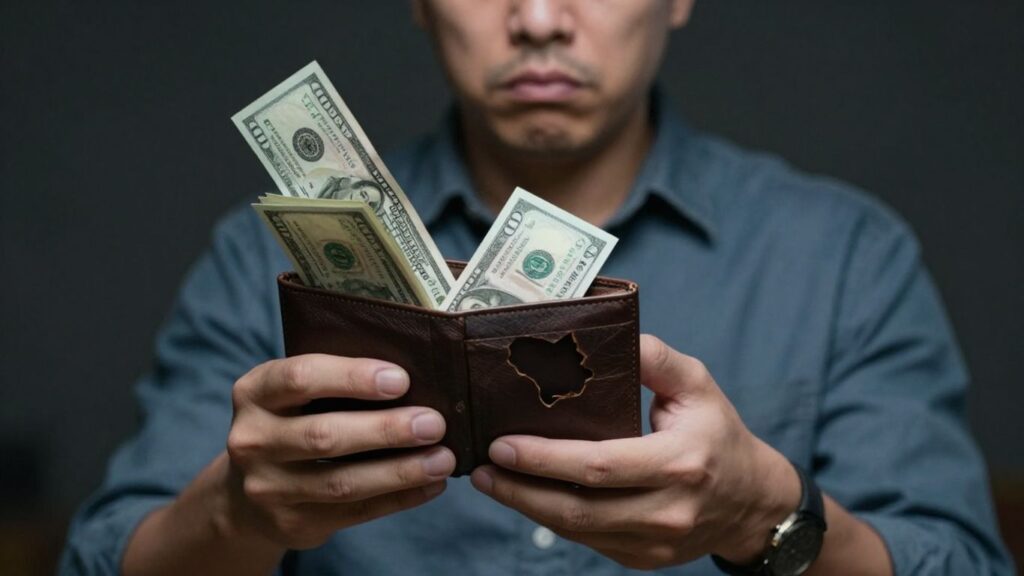 Persona preocupada con dinero cayendo de su billetera.