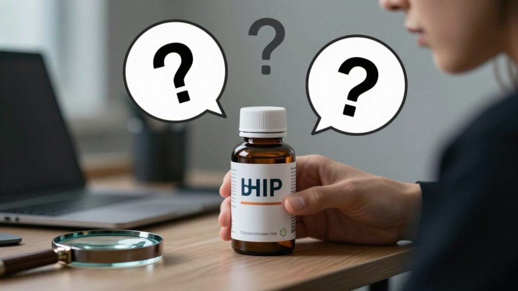 Persona investigando un producto bHIP con signos de interrogación.