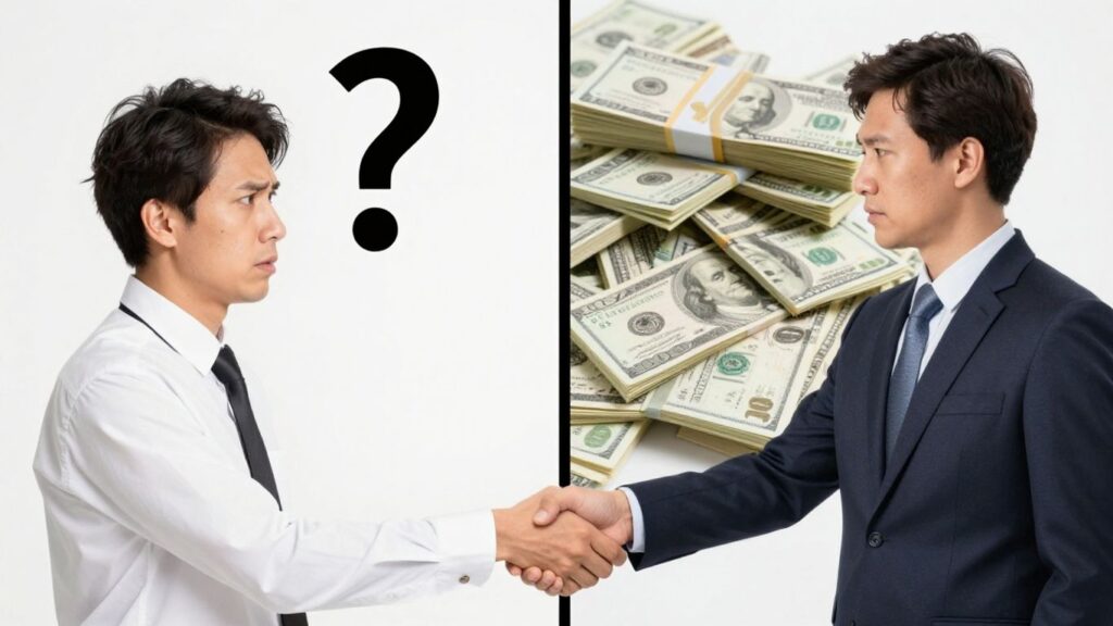 Persona preocupada y dinero con signo de interrogación.